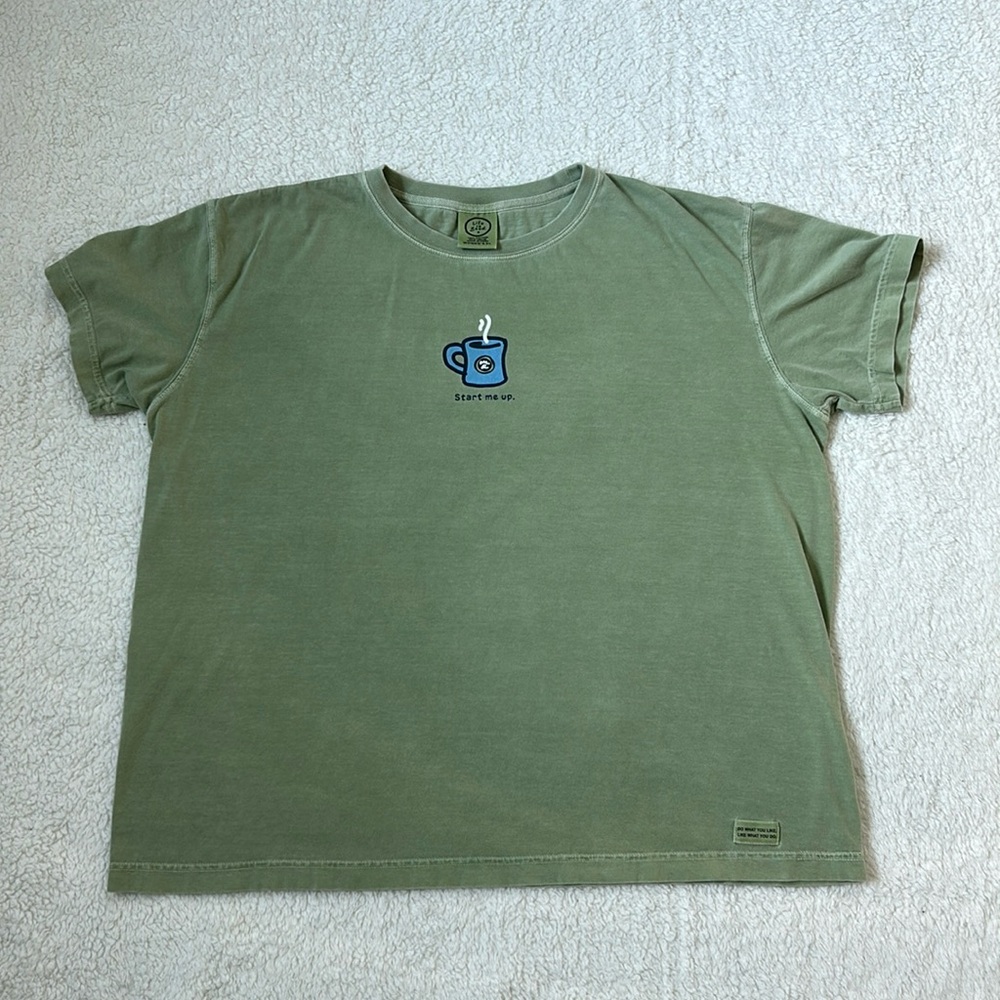 Life Is Good XL Green Tee Shirt - Coffee “Start me up.”